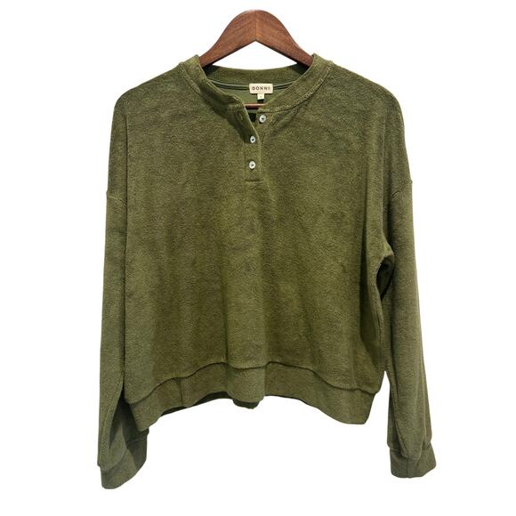DONNI Terry Henley Sweatshirt In Basil Size L Cozy - Picture 1 of 6